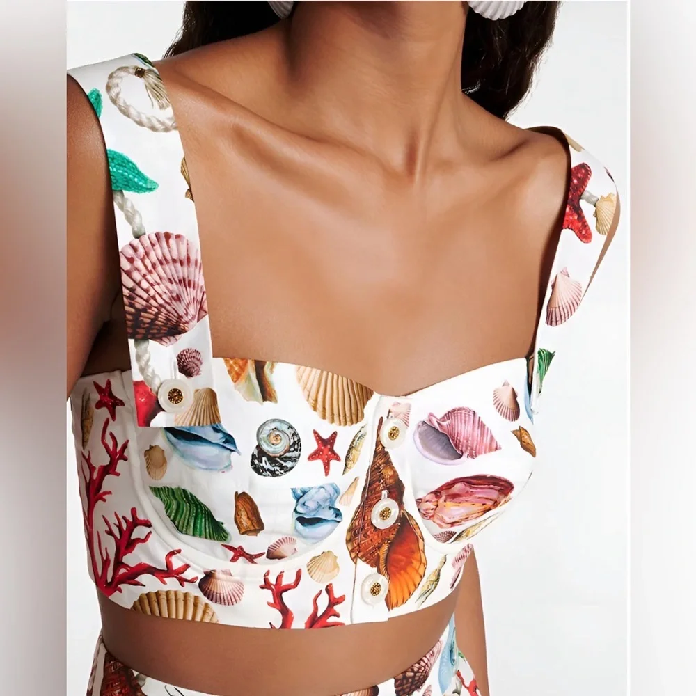 Commense White Tiered Maxi Skirt with Colorful Sea Print - Picture 3 of 4